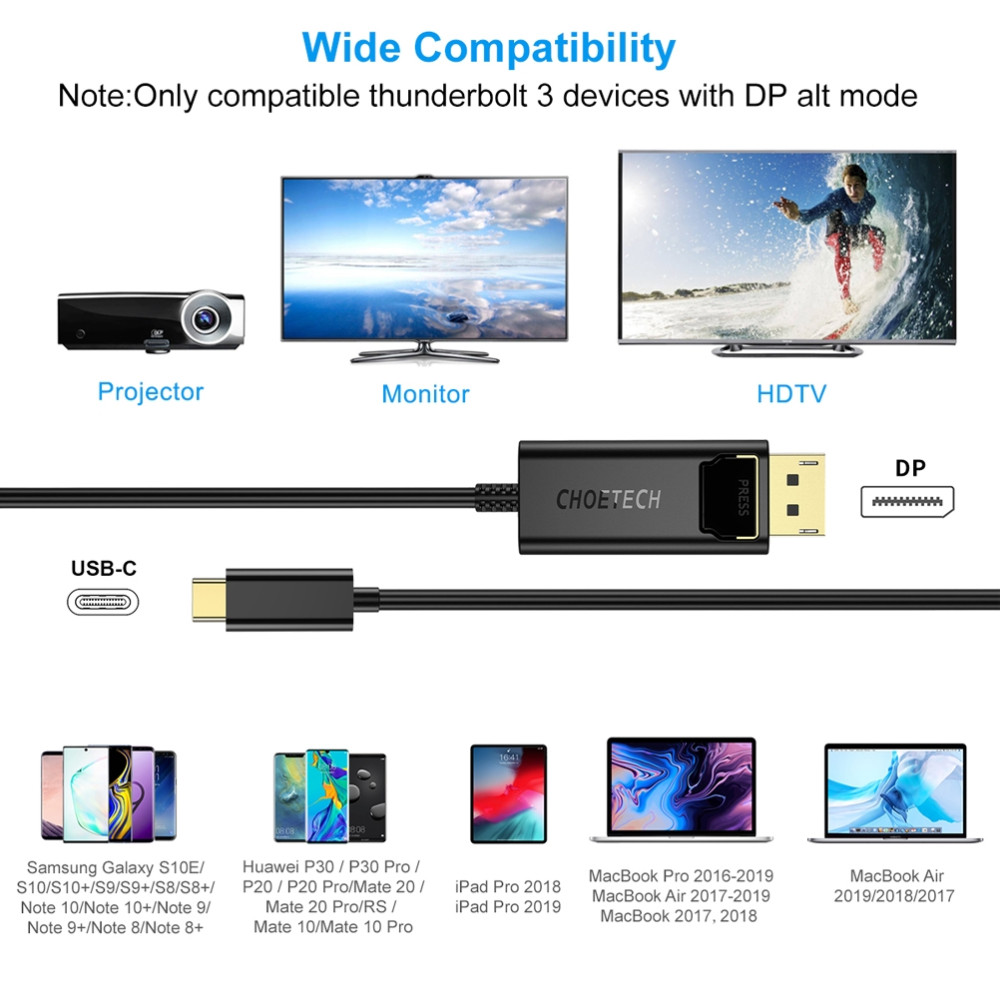 Choetech 6971824971569 XCP-1801 USB-C to DP 4K@60Hz Cable 1.8M Thunderbolt 3 Gold Plated - Image 7