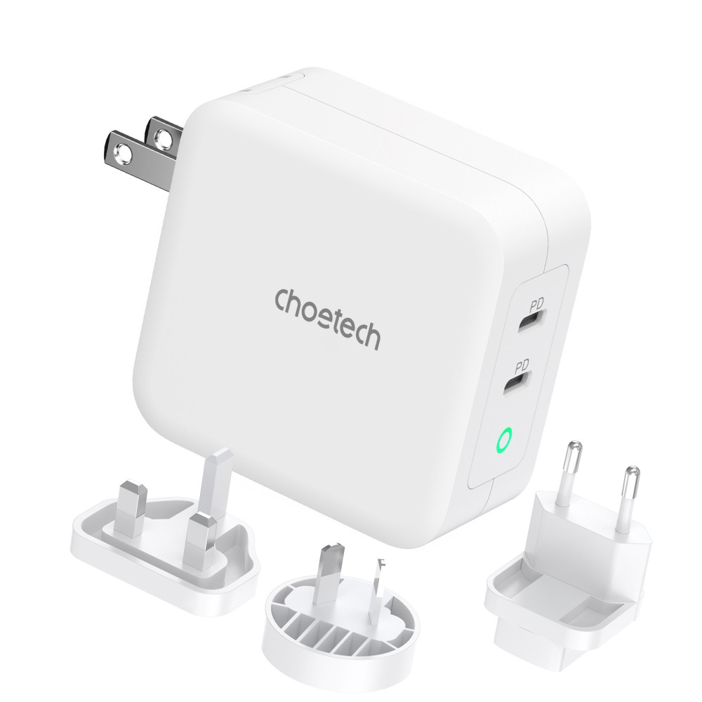 Choetech 6932112105868 PD6008 GAN dual USB-C 100W AC adapter + Free travel charger ( US/EU/UK/AU) White - Image 2