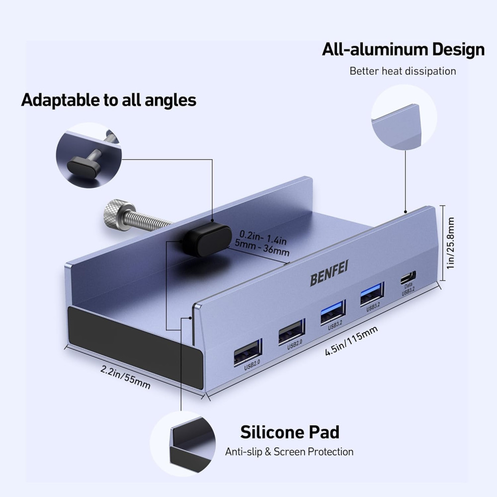BENFEI 6971785944787 000396GY USB-C 8 in 1 Hub with Secure Clamp - 4K/60Hz HDMI + USB-C(10G)+ 2 * USB2.0 + 2 * USB3.0 + RJ45 +PD100W - Image 2