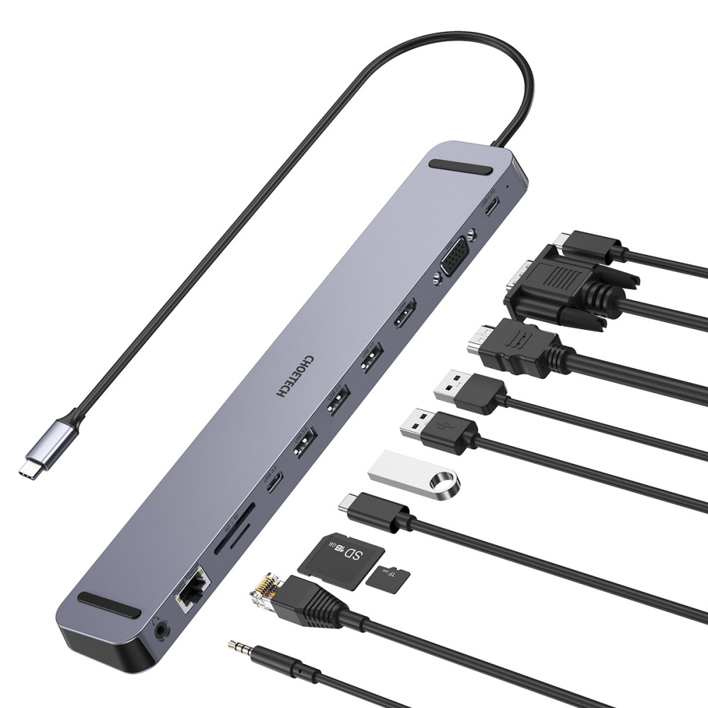 Choetech 6971824976175 HUB-M20 11-in-1 USB-C Hub 4K HDMI 100W PD Ethernet Grey Adapter - Image 3