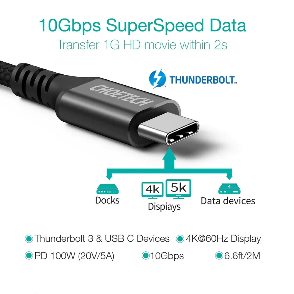 Choetech 6932112102133 XCC-1027 100W PD USB-C Cable 2m Braided Fast Charging for MacBook - Image 2