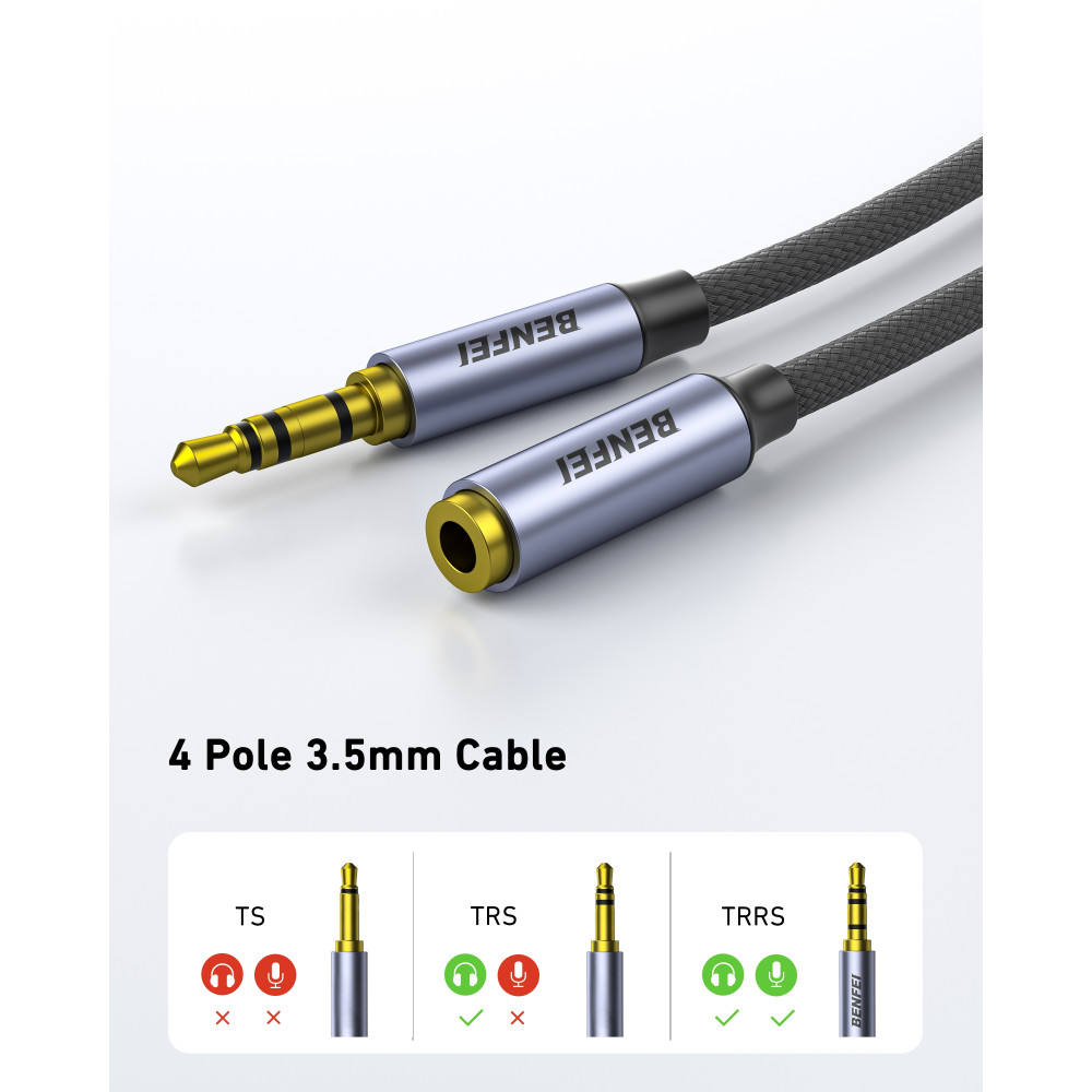 BENFEI 6971785944626 000421GY-3M 3.5mm Male to Female AUX Extension Cable, TRRS 4-Pole Stereo Audio Jack Cord for Headphones, Microphone, Smartphones, PC, Laptop, Speakers - Image 4