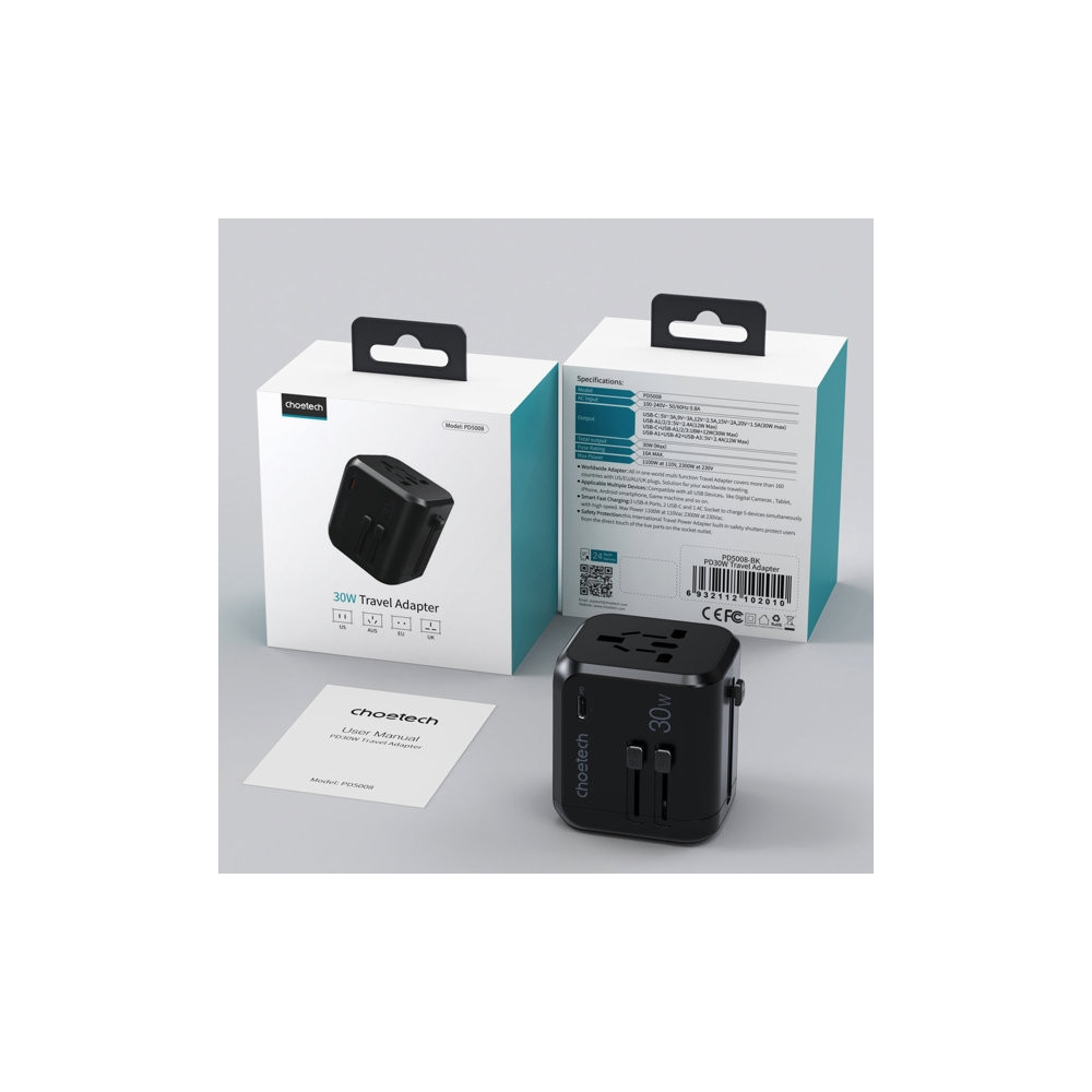 Choetech 6932112102010 PD5008 GaN 30W 1 x USB-C+ 3 x USB-A Fast Universal Travel Wall Charger - Image 3