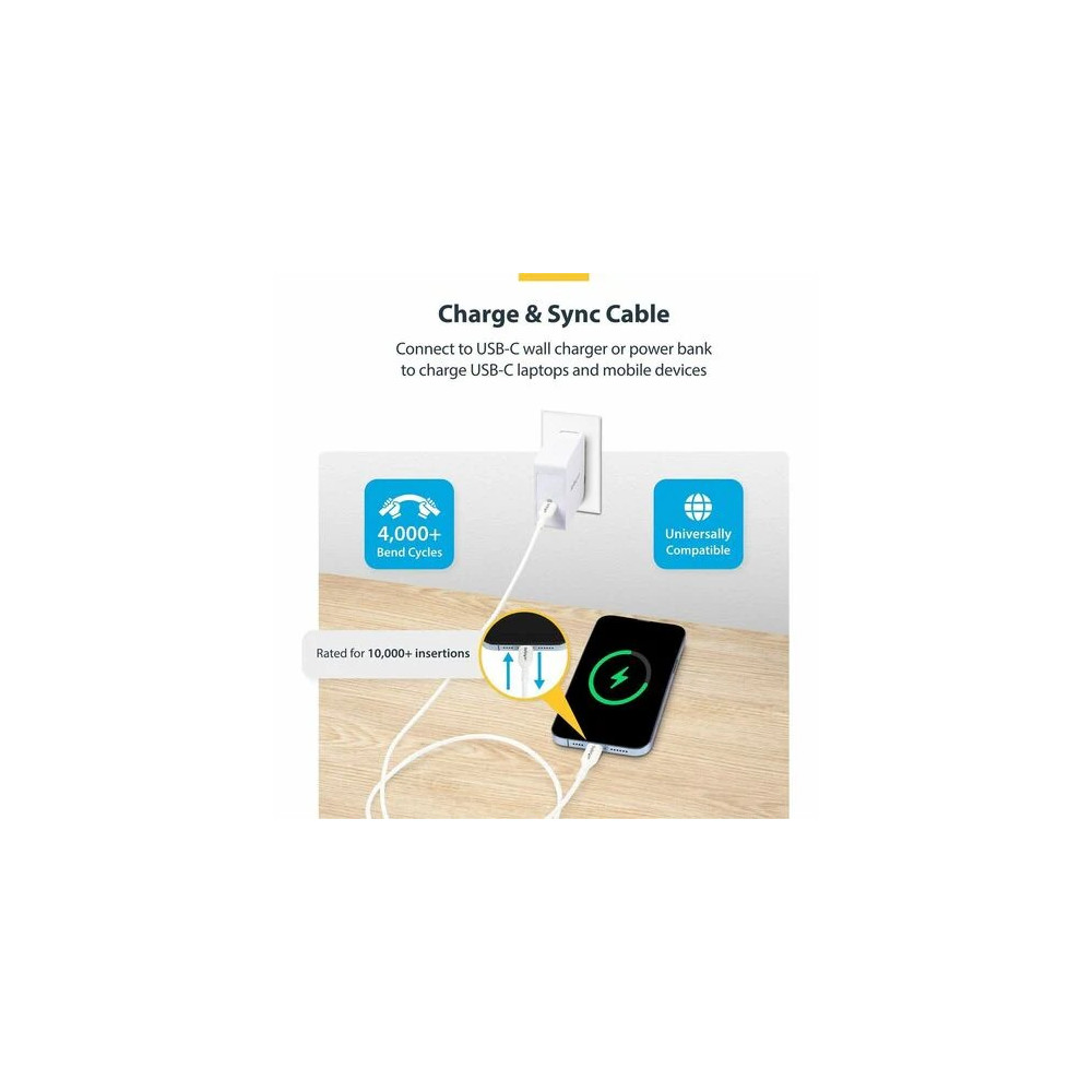 StarTech USB2CC1MNCWHE 1m (3.3ft) White USB-C Charging Cable, USB 2.0 Type-C Laptop Charger Cord, 60W Power Delivery, TPE Jacket, Data Transfer Cable - USB-C Charging Cable supports 60W/3A Power Delivery and 480Mbps; Fast Charge from a USB-C wall charger/