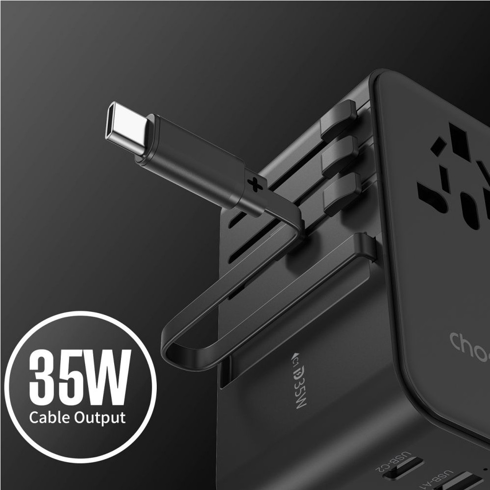 Choetech 6932112106872 PD5020 35W EU/US/AUS/UK Travel Adapter with Built-in USB-C Cable - Black - Image 2