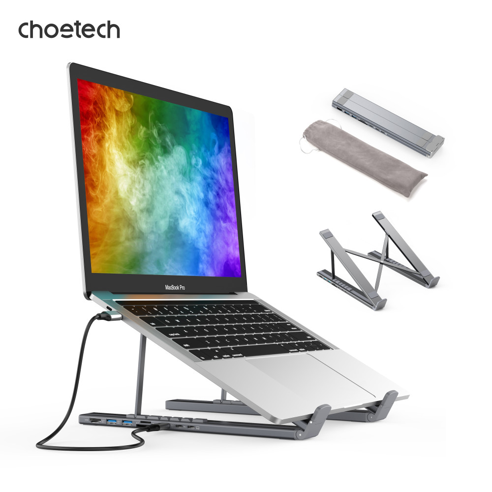 Choetech 6932112104281 HUB-M48 7in1 HUB + Foldable Laptop stand USB-C to (HDMI 4K/USB-A*2/TF&SD/USB-C x 1 with PD Charging) Grey - Image 3