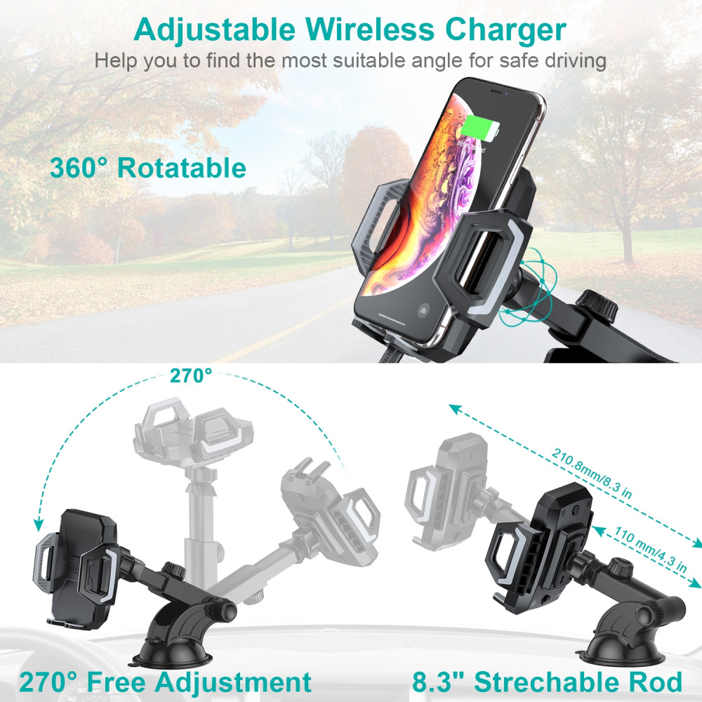 Choetech 6971824970241 T521-S Qi Certified10W Fast Wireless Car Charger Stand for all Qi wireless phone, Black - Image 3
