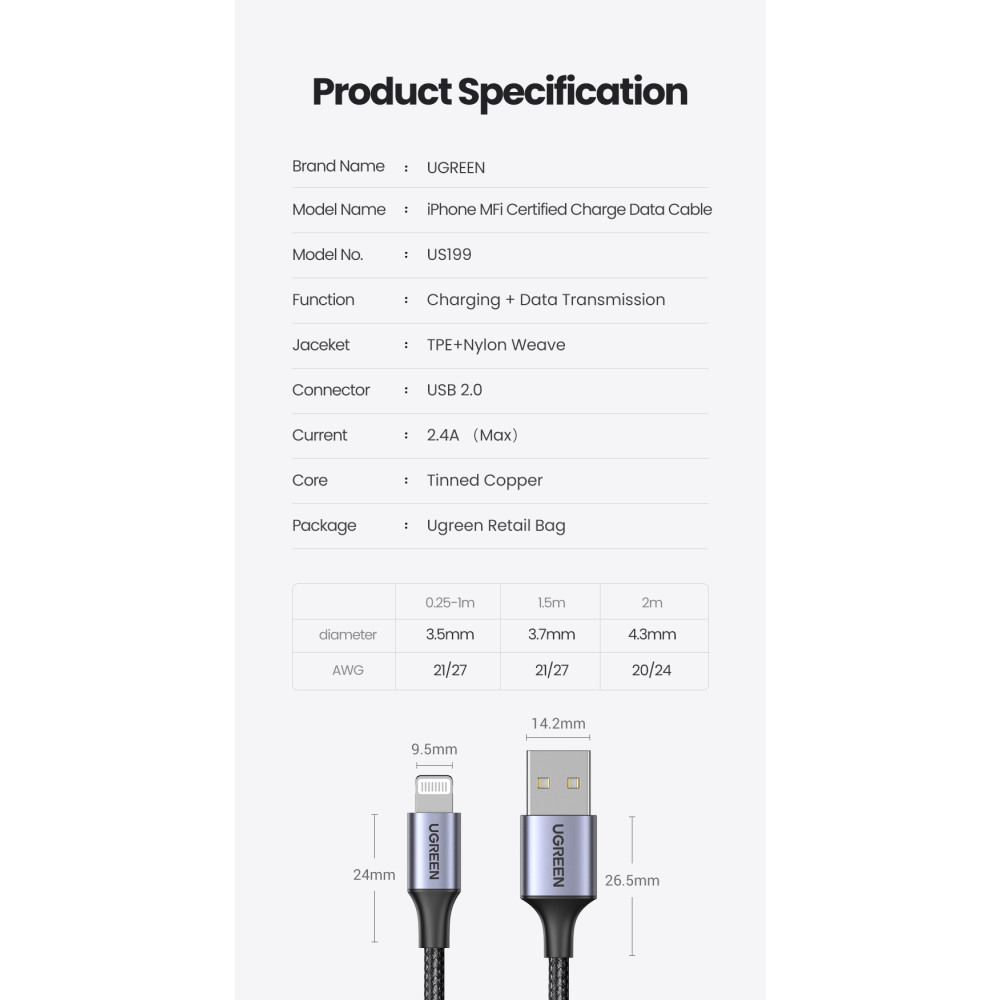 UGREEN 6957303861583 60158 Lightning to USB Cable Alu Case with Braided 2m (Black) - Image 9