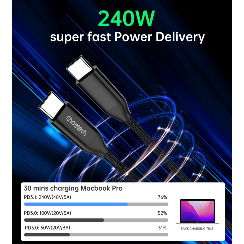 Choetech 6932112104342 XCC-1036 240W PD 3.1 USB-C Cable 48V 5A Braided for Phone & Macbook 2M - Image 1
