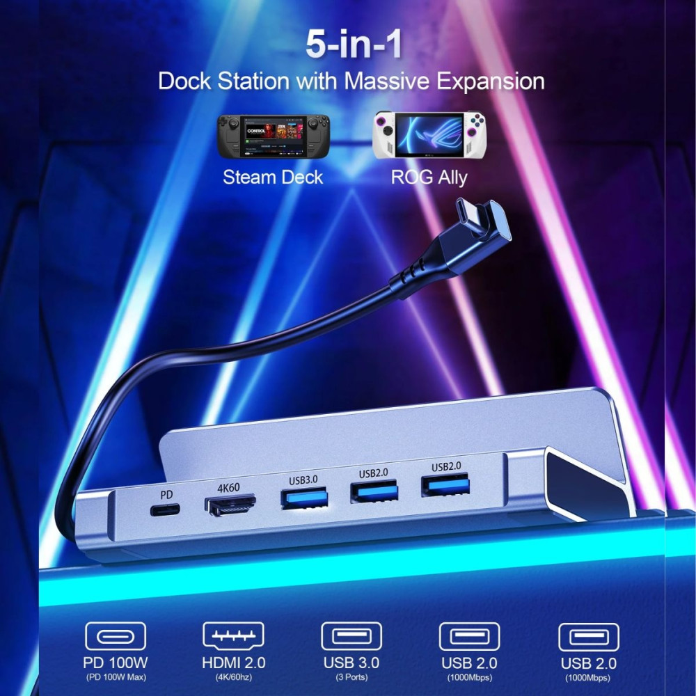 Choetech 6932112105233 HUB-M77 PD100W 5 in 1 USB-C PD+HDMI+USB 3.0A/F*1+USB2.0*2 Steam Deck Docking Station - Image 3
