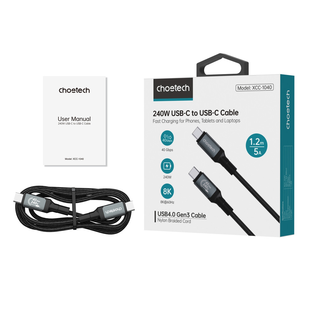 Choetech 6932112109637 XCC-1042 USB4.0 (40Gbps) 240W with Video & Audio support 8K @ 60hz Thunderbolt 3 USB-C to C Braided Cable 2M - Image 4