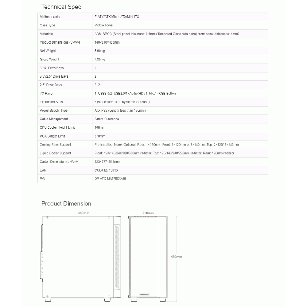 DEEPCOOL DP-ATX-MATREXX55 Matrexx 55 Tempered Glass Mid-Tower E-ATX Case - Image 7