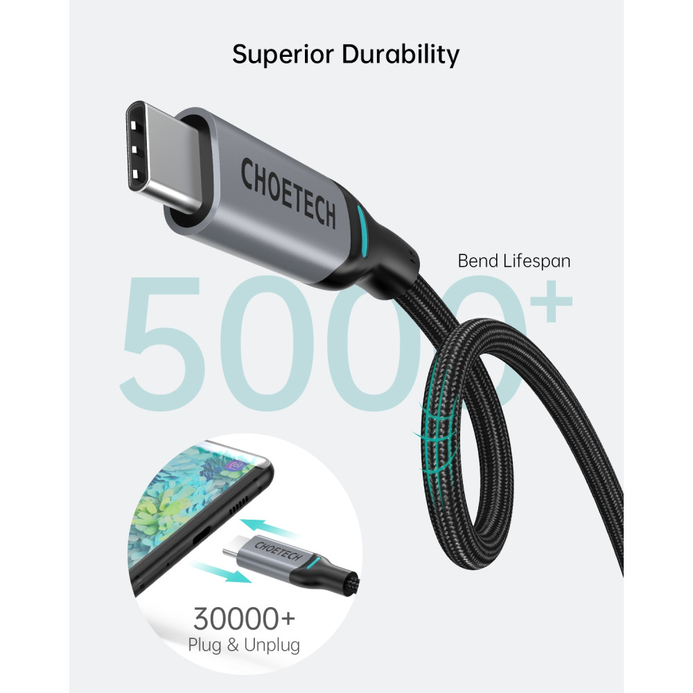 Choetech 6971824973099 XCC-1002 USB-C M to M PD100W 5A 20V fast charging braided cable 1.8m with gray aluminum case - Image 3
