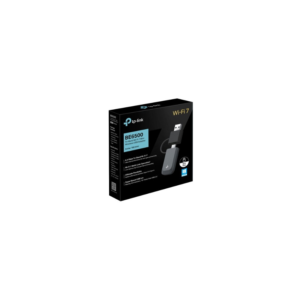 TP-LINK ARCHER TBE400U ARCHER BE6500 WI-FI 7 TRI-BAND USB MINI USB ADAPTER, MLO, USB-C, WPA3, 3YR - Image 1