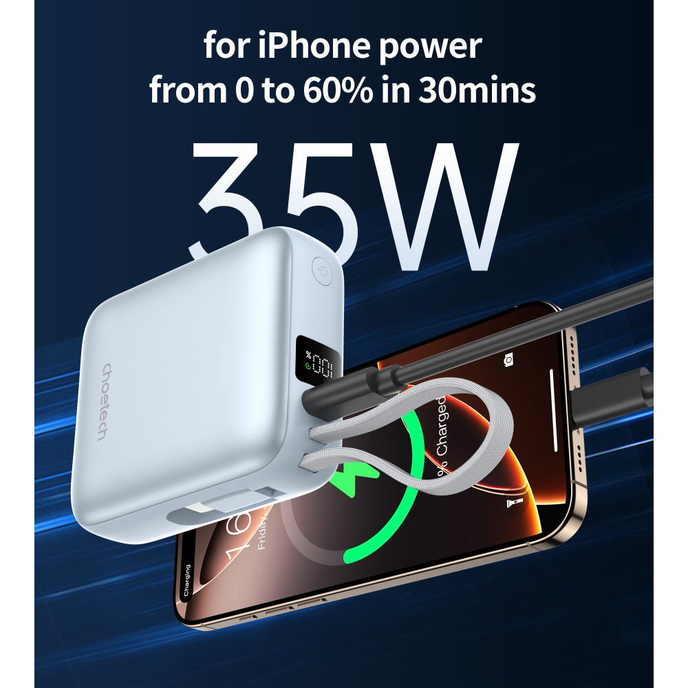 Choetech 6932112110343 B832-BL Mini 35W 10,000mAh Power Bank with LED Display + USB-C Cable Light Blue - Image 4