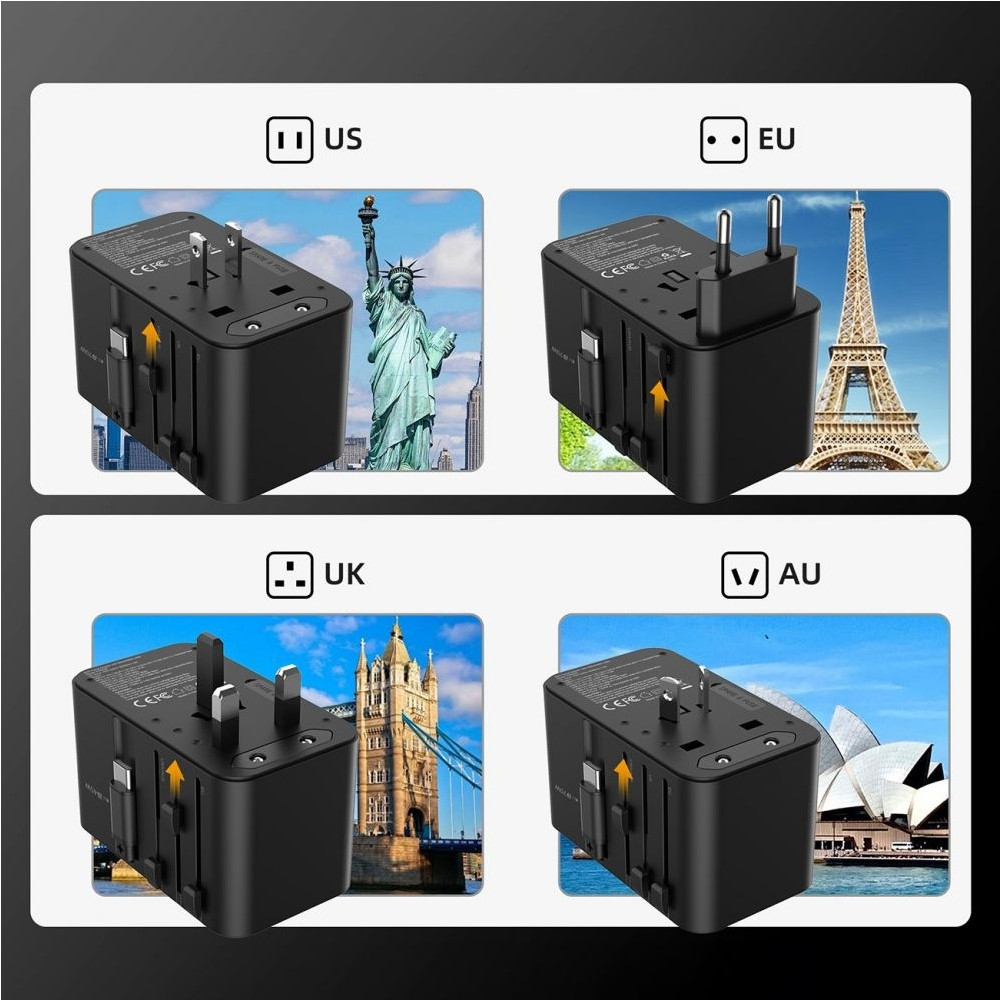 Choetech 6932112106872 PD5020 35W EU/US/AUS/UK Travel Adapter with Built-in USB-C Cable - Black - Image 4