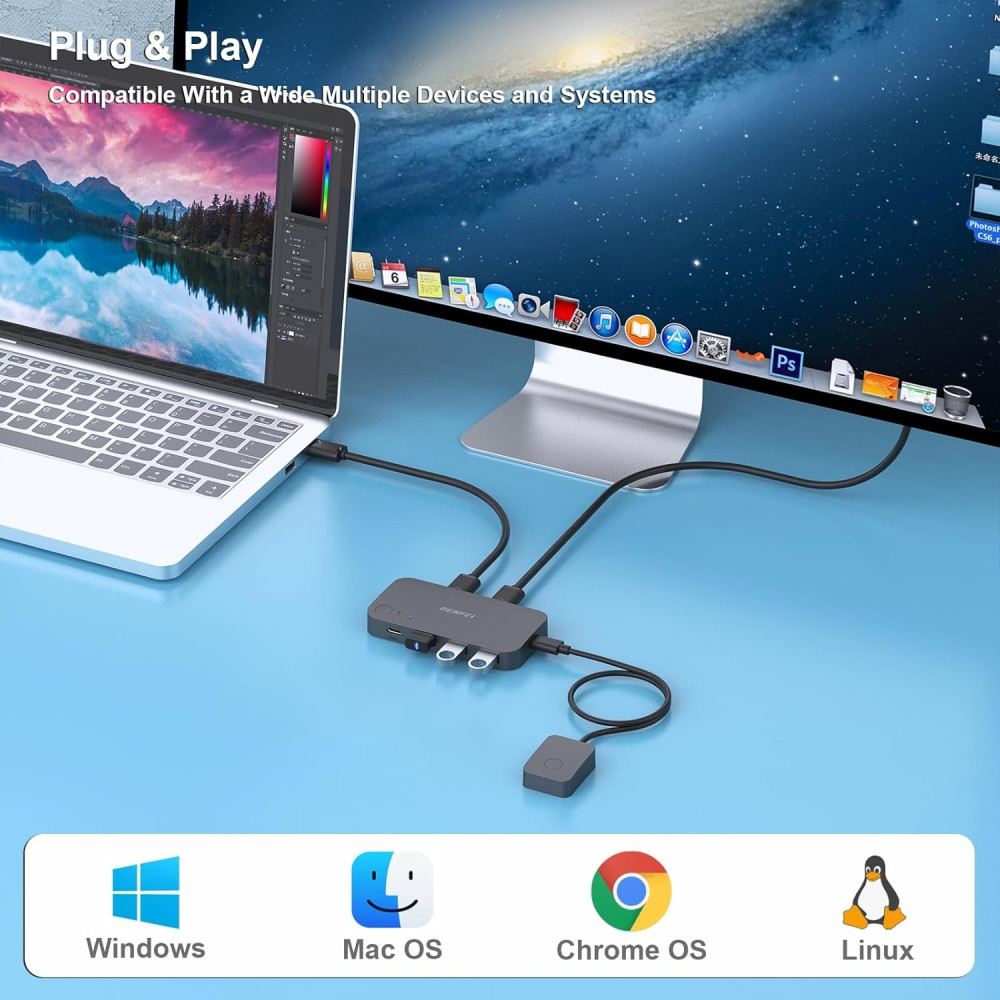 BENFEI 6971785943513 000376BK USB 3.0 Switch, USB Switcher 2 Computers Share 3*USB 3.0 and 1*USB C with Remote - Image 6