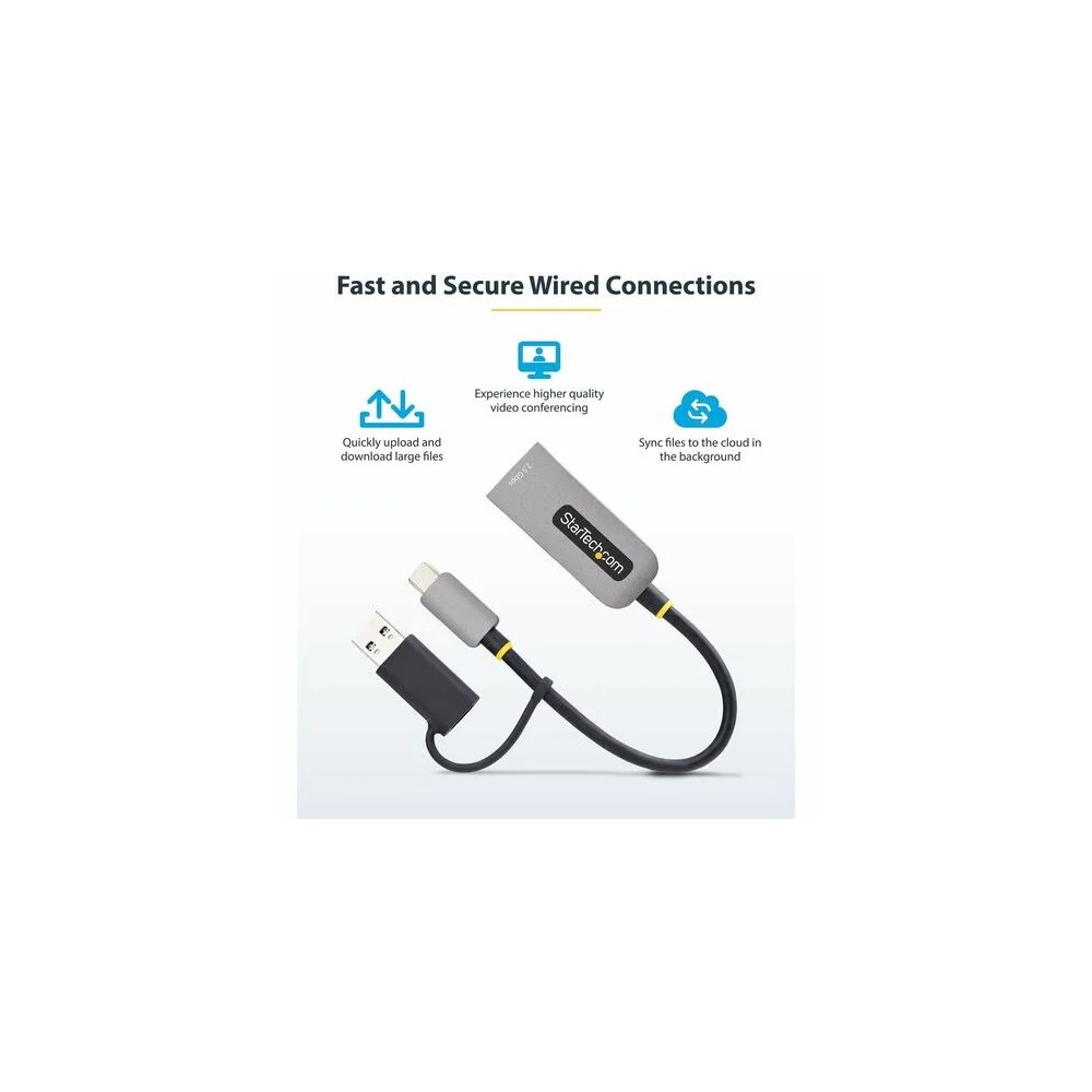 StarTech U2GA-USB-C-ETHERNET 2.5GbE USB-C to Ethernet Adapter with USB-A Converter, NBASE-T NIC, USB 3.0 Type-C 2.5/1G Multi Speed Network, USB 3.1 RJ45 - 2.5GbE NBASE-T USB-C to Ethernet Adapter w/USB-A Converter; Securely connects to networks over CAT5e