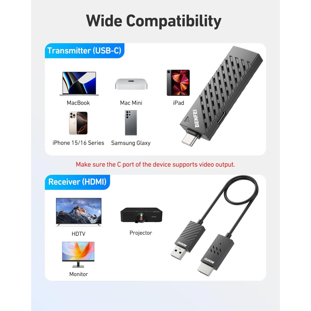 BENFEI 6971785943490 000374BK 5G Wireless USB-C to HDMI Transmitter and Receiver + 65WPD (30M) 1920 x 1080P@60Hz - Image 8