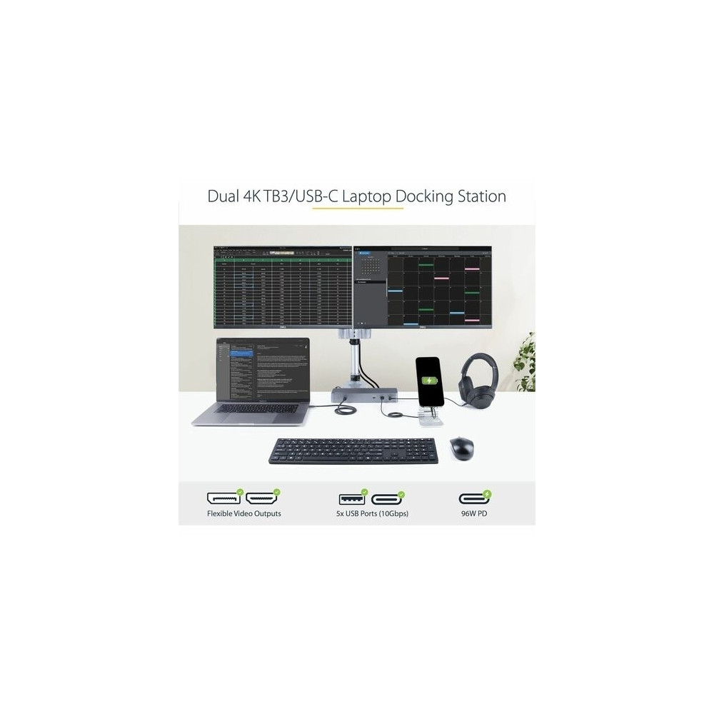 StarTech TB3CDK2DH T/BOLT3 DOCK, DUAL 4KDISPLAY, HDMI(2), DP(2), USB-C, USB(5), RJ45, 96W, 3YRS