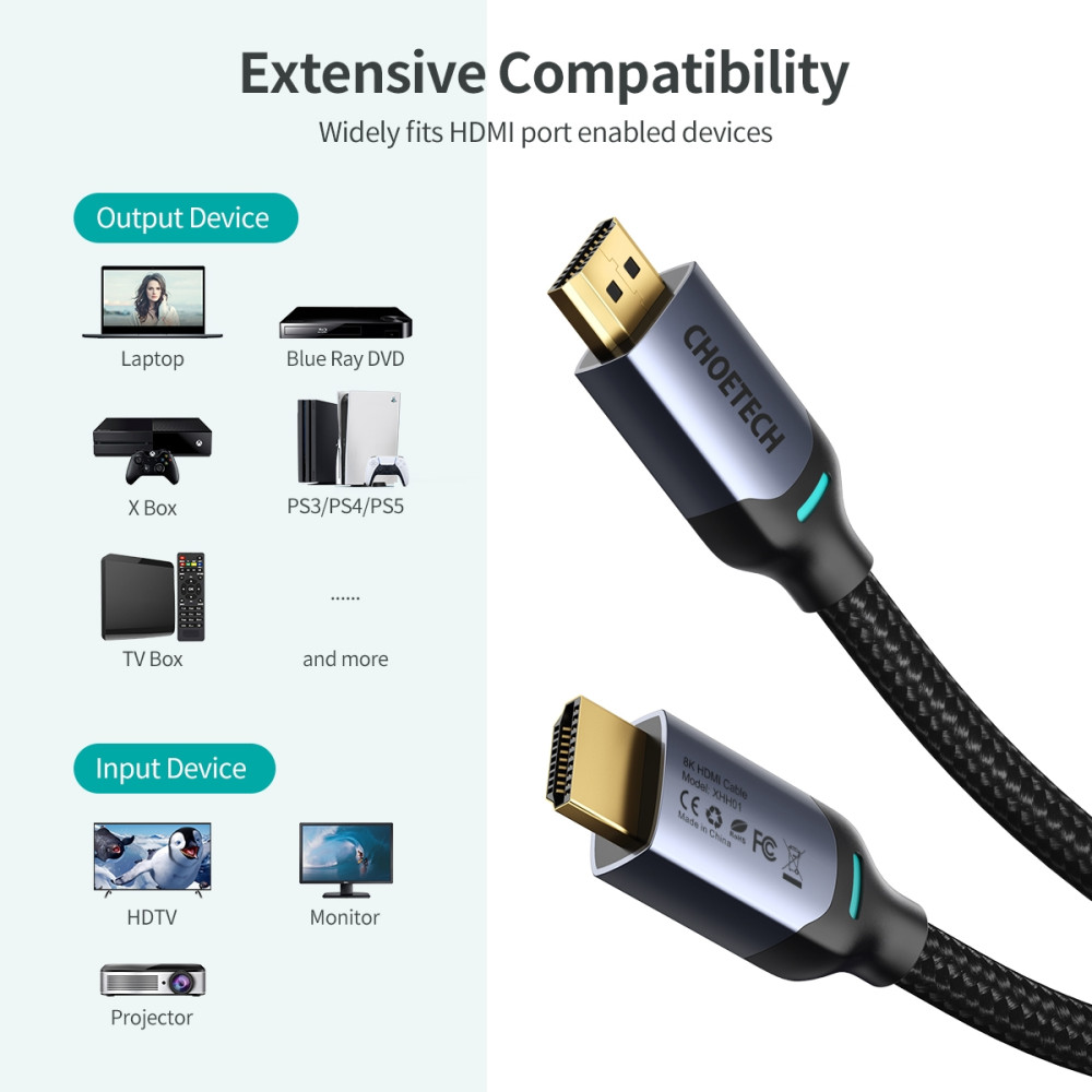 Choetech 6971824976281 XHH01 8K HDMI 2.1 Cable 48Gbps 8K@60Hz 2M Braided for PS5 Xbox - Image 2