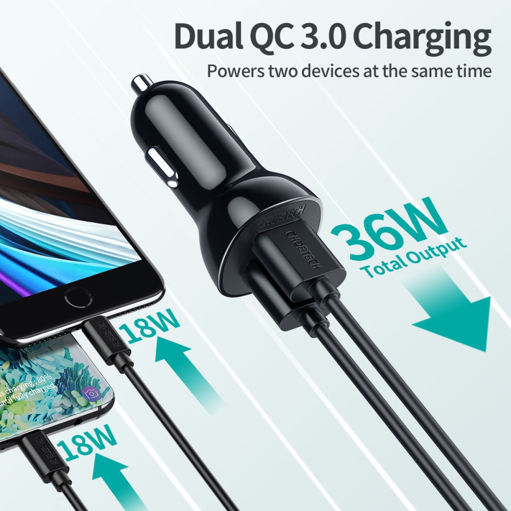 Choetech 6971824976120 C0051 Quick Charge 3.0 Tech 36W (Max) Car Charger (No Cable) - Image 4