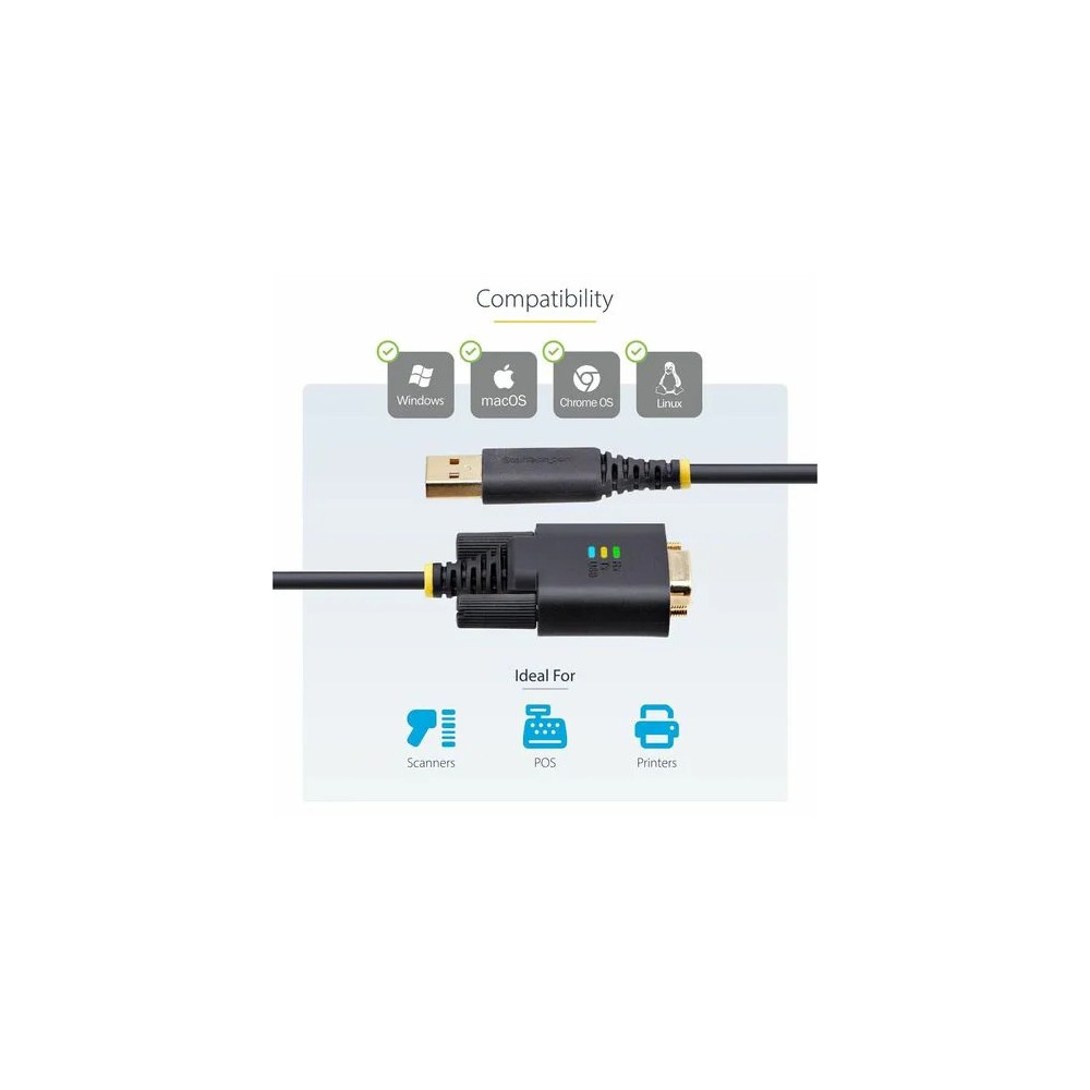 StarTech 1P3FFCB-USB-SERIAL 3ft (1m) USB to Serial Adapter Cable, COM Retention, FTDI IC, DB9 RS232, Interchangeable DB9 Screws/Nuts, Windows/macOS/Linux - Add a DB9 RS-232 serial port to a desktop/laptop using a USB-A port; Interchangeable Scre - Image 6