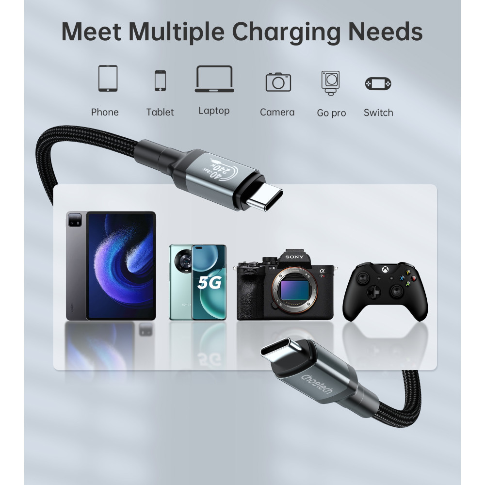 Choetech 6932112109637 XCC-1042 USB4.0 (40Gbps) 240W with Video & Audio support 8K @ 60hz Thunderbolt 3 USB-C to C Braided Cable 2M - Image 5