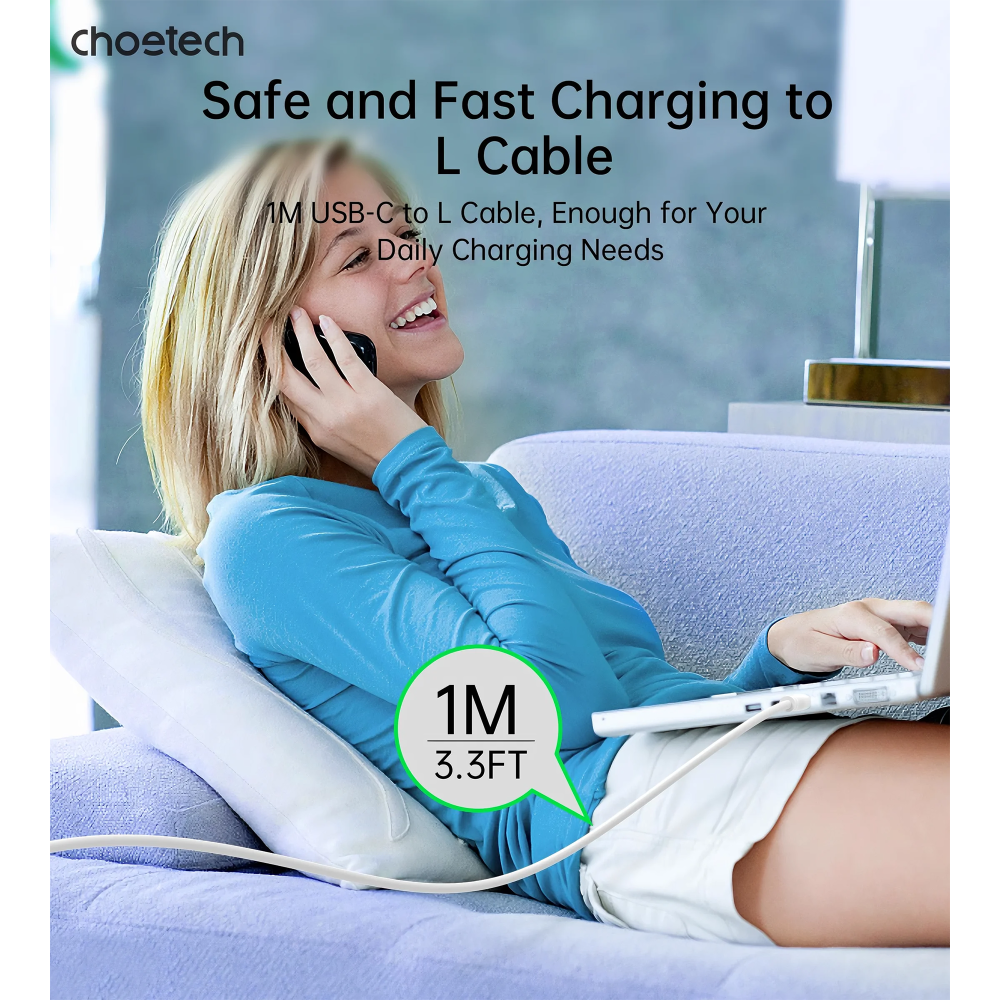 Choetech 6932112106445 XCL-0002 1m Silicone USB-C to Lightning Cable Fast Charging White - Image 7