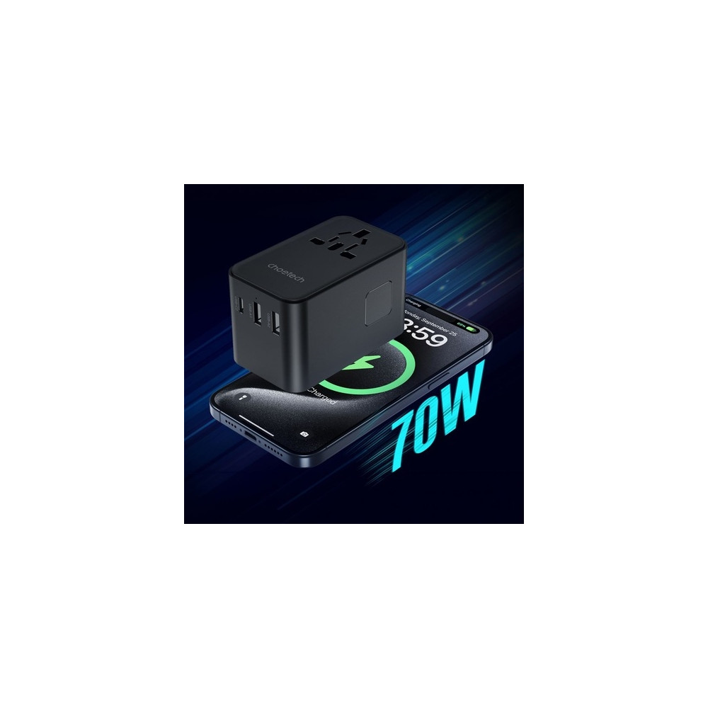 Choetech 6932112106896 PD5022 70W EU/US/AUS/UK Travel Adapter with Built-in USB-C Cable - Black - Image 4