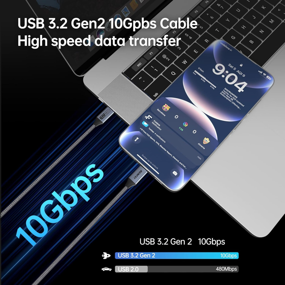 BENFEI 6971785943551 000383GY USB-C to USB-C Cable Gen2 (4K@120Hz), 100W PD Fast Charging, 10Gbps Data Transfer for I-phone 15/16/17 and Samsung / Google phone 1M - Image 4