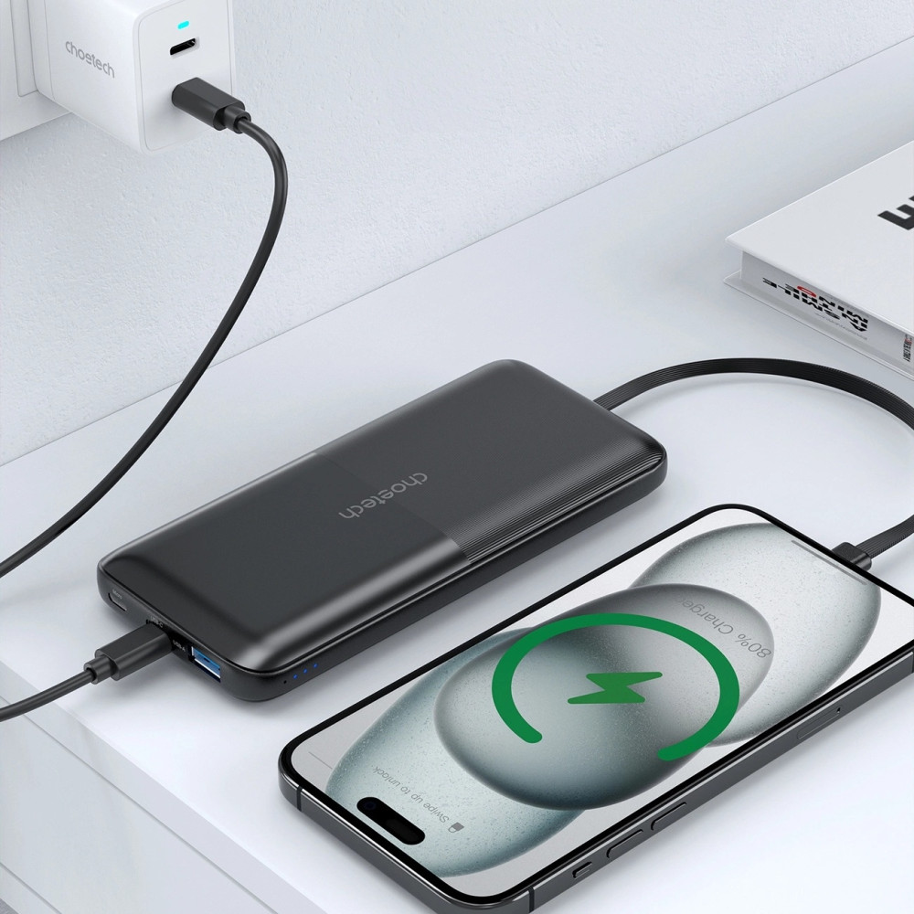 Choetech 6932112106087 B654 10000mAh Pwer Bank 22.5W USB-A / USB-C / micro USB with built-in USB-C / Lightning cable - black - Image 4
