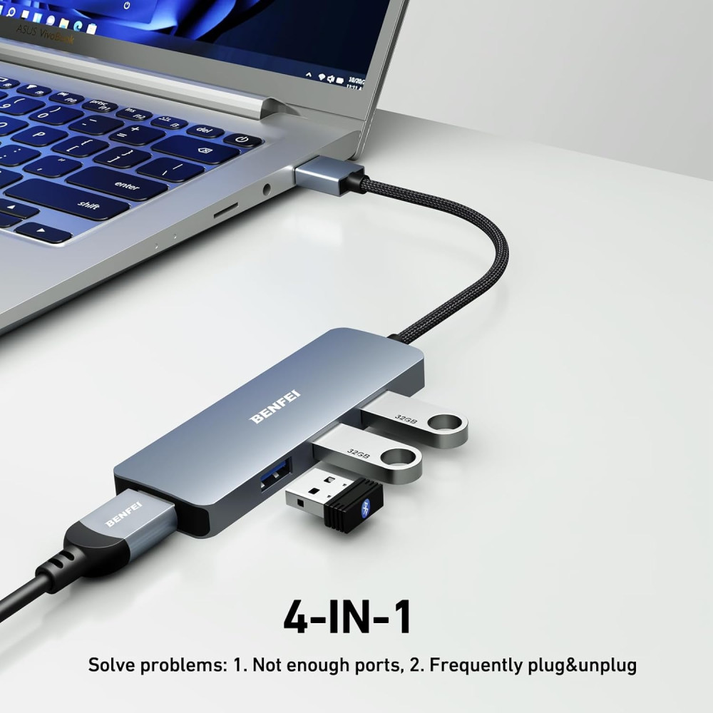 BENFEI 6971785941892 000305GY USB 3.0 Hub, 4 Ports USB A Splitter Ultra-Slim USB Expander for Mouse, Keyboard, Flash Drive, U Disk, Printer Compatible with Laptop. - Image 3