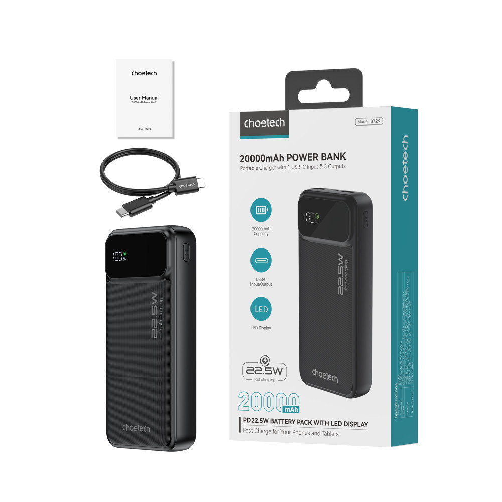 Choetech 6932112106841 B729 20000mAh Power Bank PD22.5W with Digital Display Black - Image 11