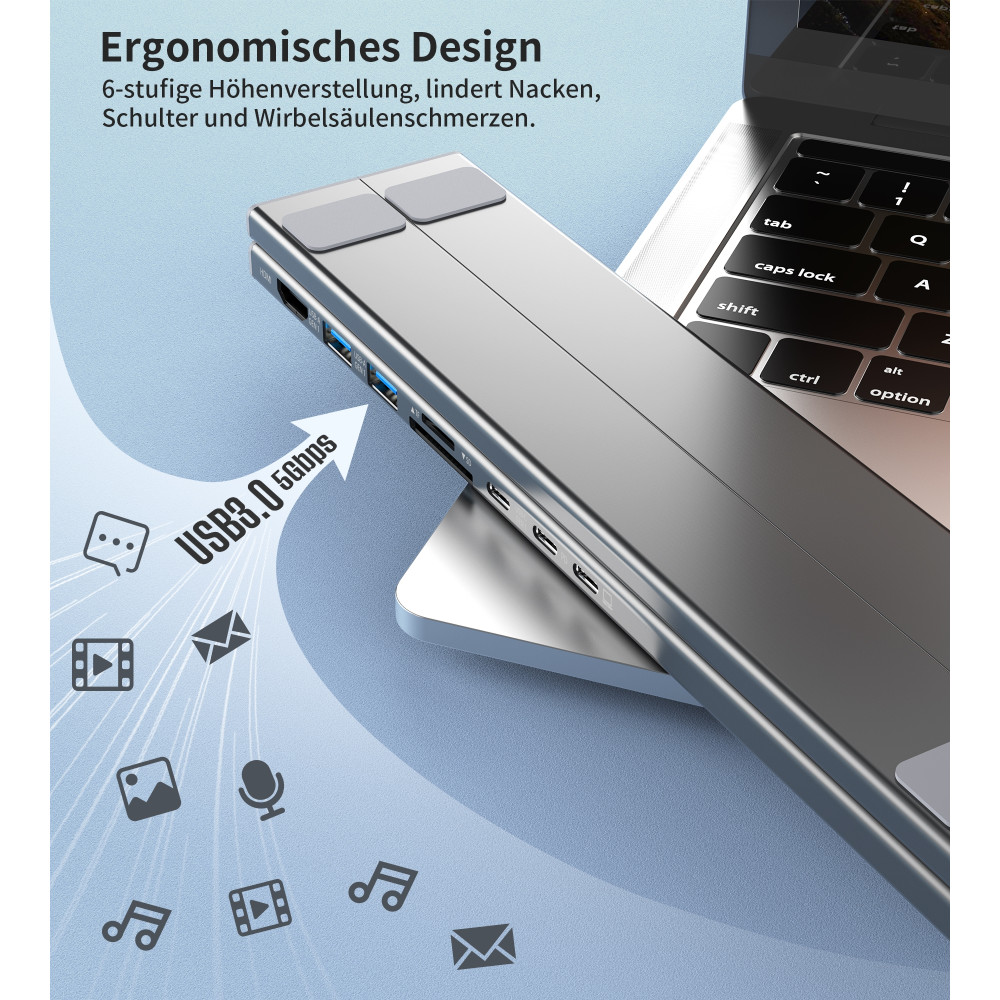 Choetech 6932112104281 HUB-M48 7in1 HUB + Foldable Laptop stand USB-C to (HDMI 4K/USB-A*2/TF&SD/USB-C x 1 with PD Charging) Grey - Image 5