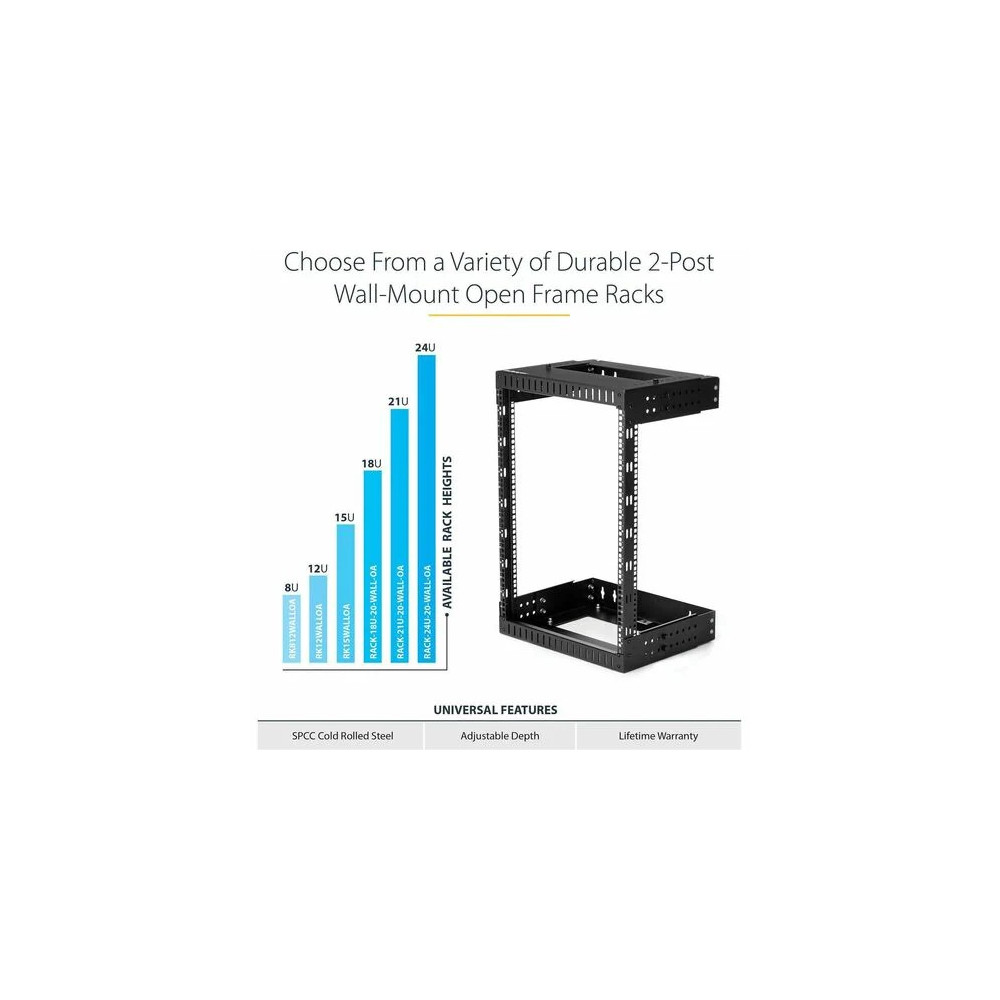 StarTech RK12WALLOA 2-Post 12U Heavy-Duty Wall Mount Network Rack, 19" Open Frame Server Rack with Adjustable Depth, Data Rack for IT Equipment~ - 2-Post 12U open frame network rack with adjustable depth (12-20in) - Durable heavy-duty 19" data s - Image 6