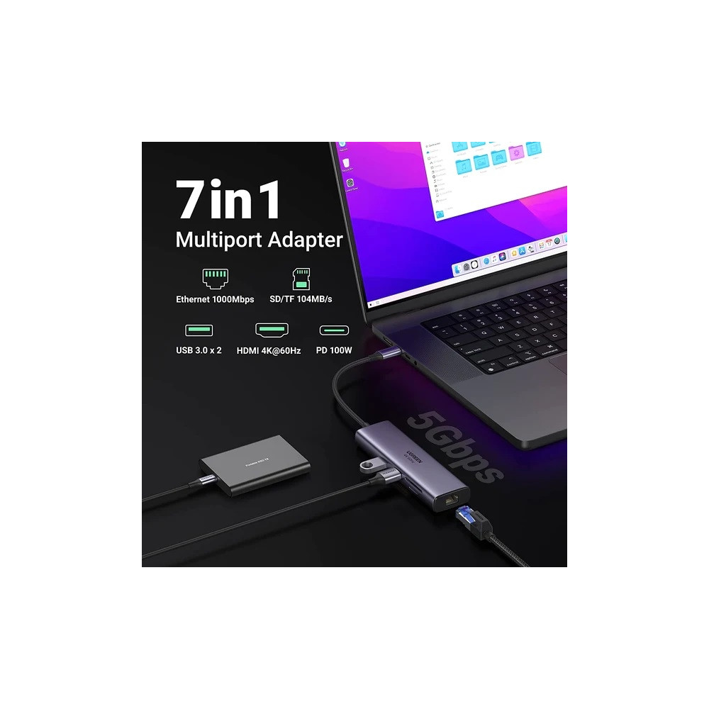 UGREEN 6957303865154 60515 7 in 1 Multiport Adapter with 4K@60Hz HDMI / PD100W /RJ45 /SD&TF /USB3.0 x 2 - Image 1