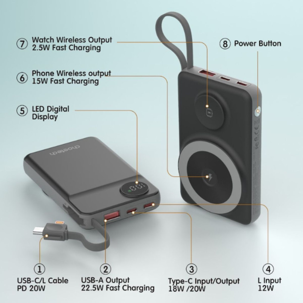Choetech 6932112107763 B695-BK 10000mAh 22.5W USB-A + USB-C x 2 + MagLeap Wireless Charge Power Bank - Image 6