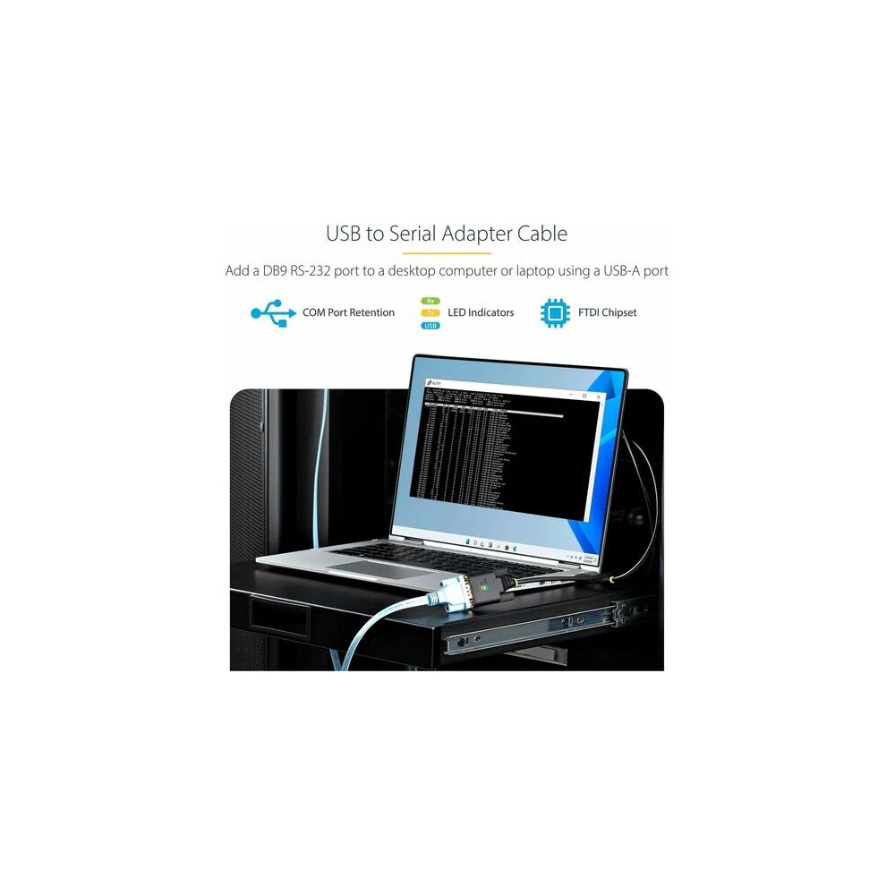 StarTech 1P3FFCB-USB-SERIAL 3ft (1m) USB to Serial Adapter Cable, COM Retention, FTDI IC, DB9 RS232, Interchangeable DB9 Screws/Nuts, Windows/macOS/Linux - Add a DB9 RS-232 serial port to a desktop/laptop using a USB-A port; Interchangeable Scre - Image 3