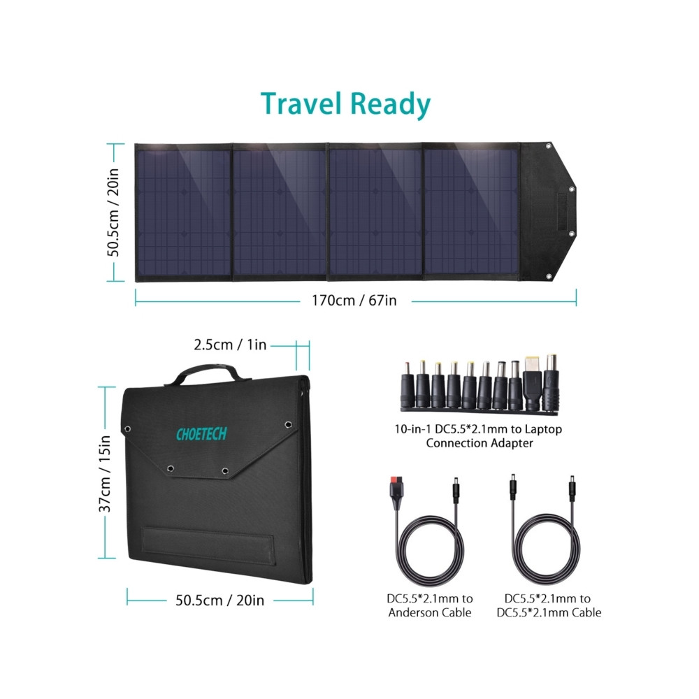 Choetech 6932112103727 SC009 100W 20V 5.5A QC3.0 18W USB-A x 2 + USB-C PD 45W + DC Portable Solar Panel Charger - Image 4