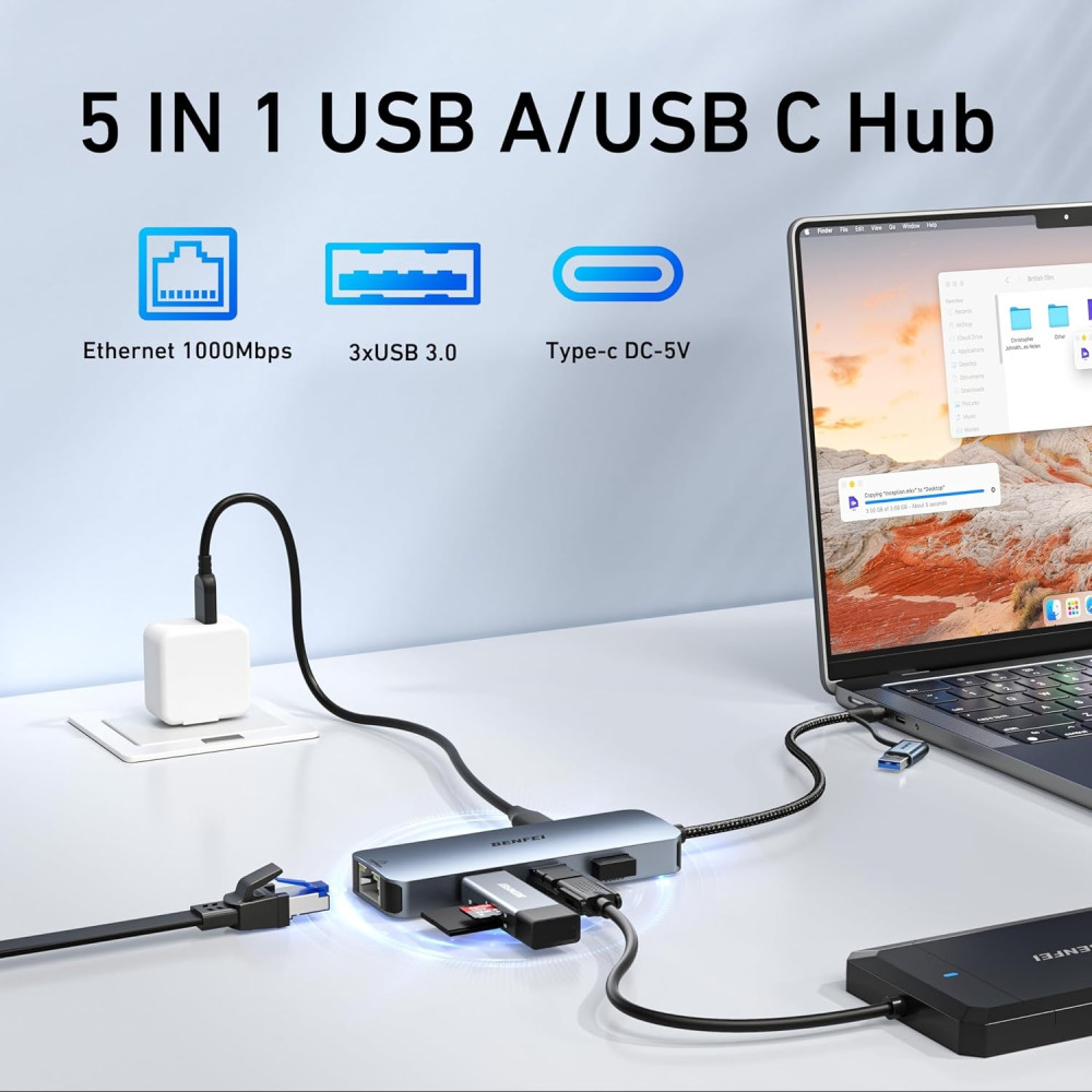 BENFEI 6971785943582 000386GY USB-C + USB 3.0 to Gigabit RJ45 + 3 Port USB 3.0 Hub Compatible with Mac - Image 3