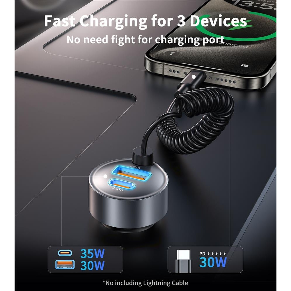 Choetech 6932112108197 TC0030 65W 3-Port Car Charger with 1M Built-in USB-C Stretch Cable - Image 3