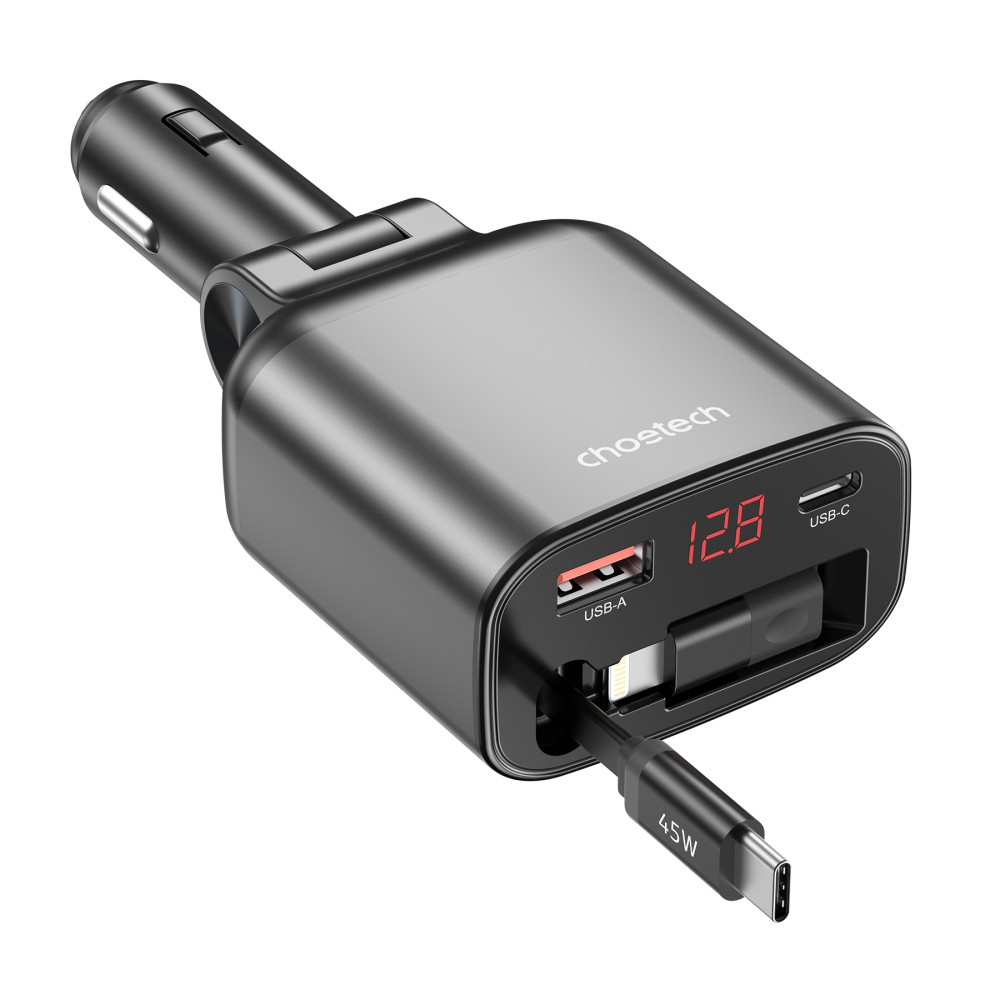 Choetech 6932112110602 TC0033 105W USB-C+USB-A Fast car charger with Stretchable USB-C + Lightning cables - Image 1