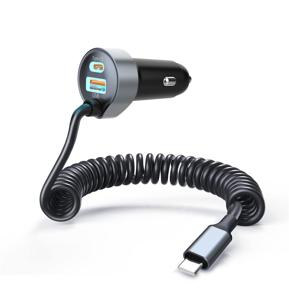 Choetech 6932112108197 TC0030 65W 3-Port Car Charger with 1M Built-in USB-C Stretch Cable - Image 2