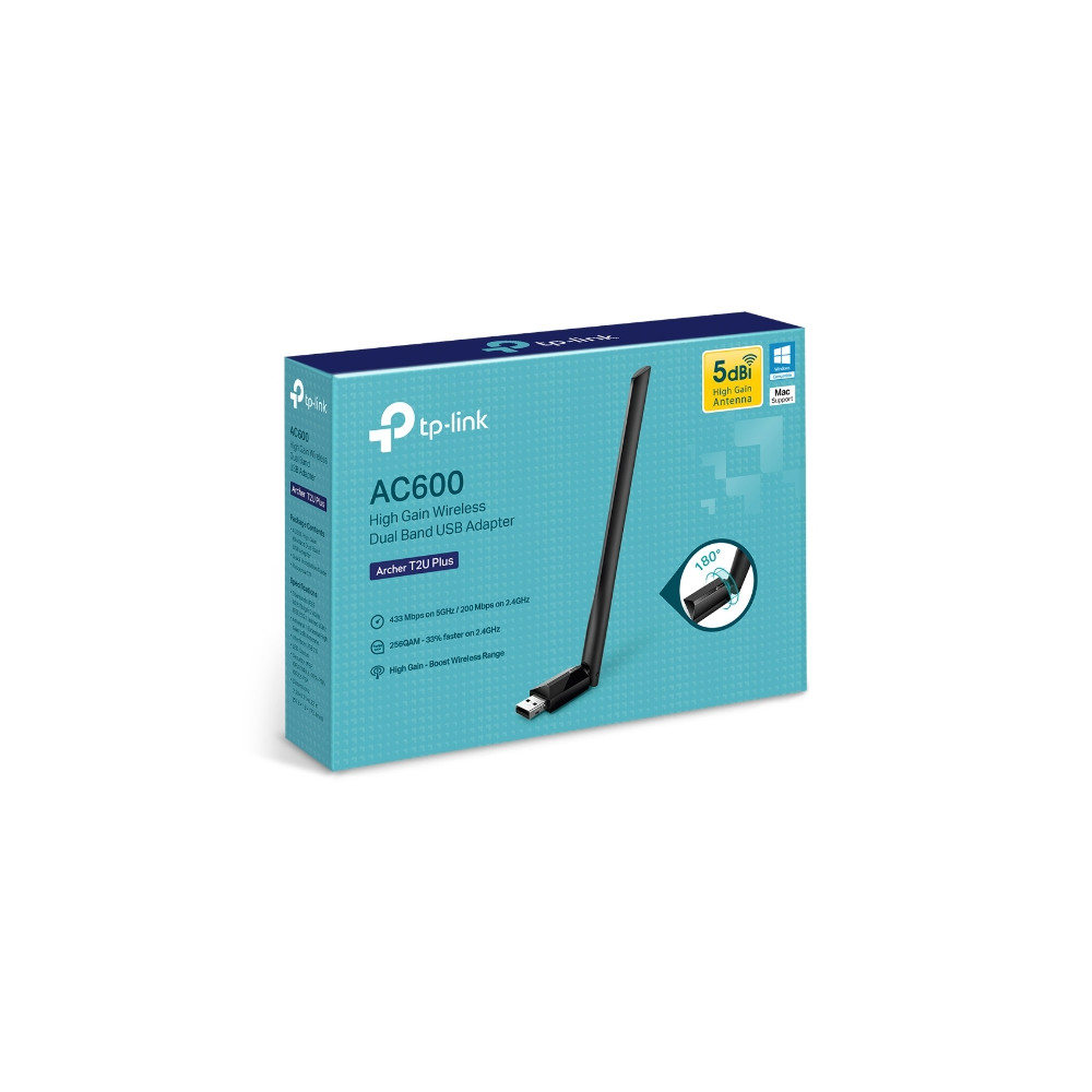 TP-LINK ARCHER T2U PLUS AC600 High Gain Wi-Fi Dual Band USB Adapter,433Mbps at 5GHz + 200Mbps at 2.4GHz, USB 2.0, 1 high gain antenna - Image 1