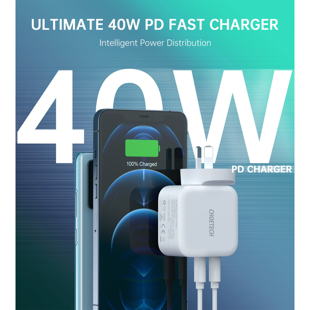 Choetech 6971824979091 PD6009 40W Fast Charging Dual Ports AC Adapter - PD 20W x 2 White - Image 4