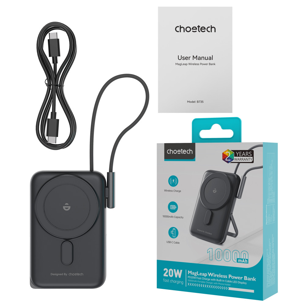 Choetech 6932112108463 B735BK 10000mAh 20W MagLeap Wireless Power Bank Black with Phone Holder & Build-in Cable - Image 4