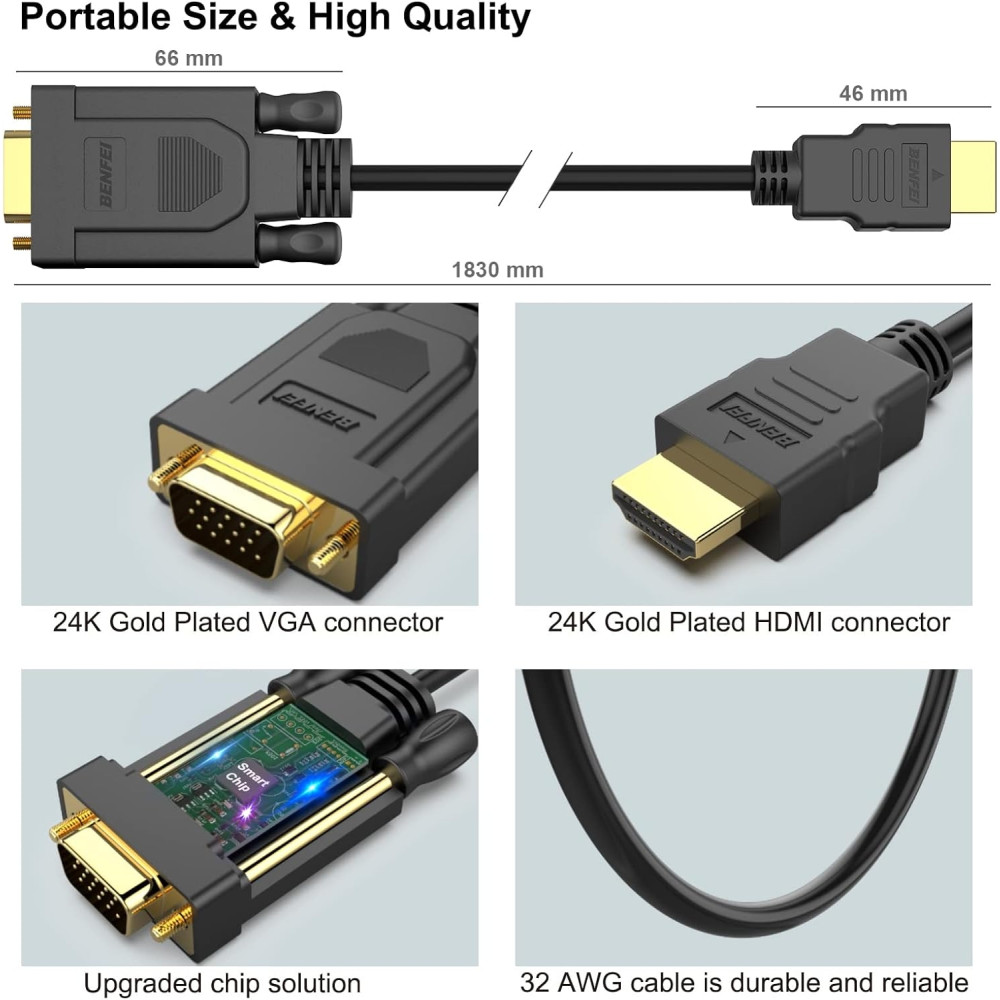 BENFEI B07CTK4TH4 000181BK HDMI to VGA Cable, Uni-Directional HDMI (Source) to VGA (Display) M to M 1.8M - Image 5