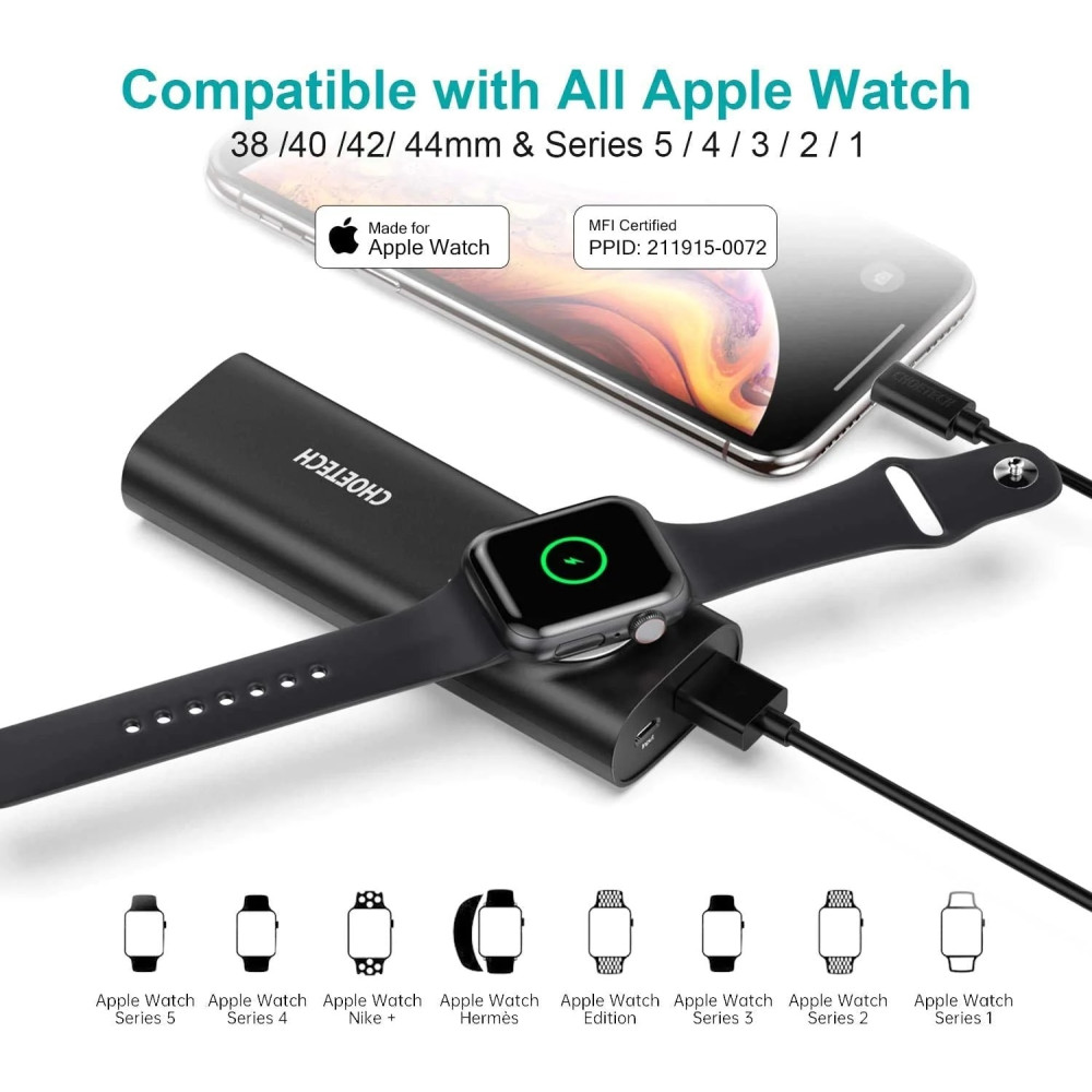 Choetech 6971824970029 T315 5000mAh 2-in-1 Power Bank MFi Certified for Apple Watch and Phone - Image 3