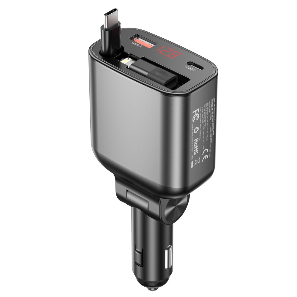 Choetech 6932112110602 TC0033 105W USB-C+USB-A Fast car charger with Stretchable USB-C + Lightning cables - Image 2